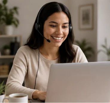 Remote sales agent wearing a headset and working on a laptop from home